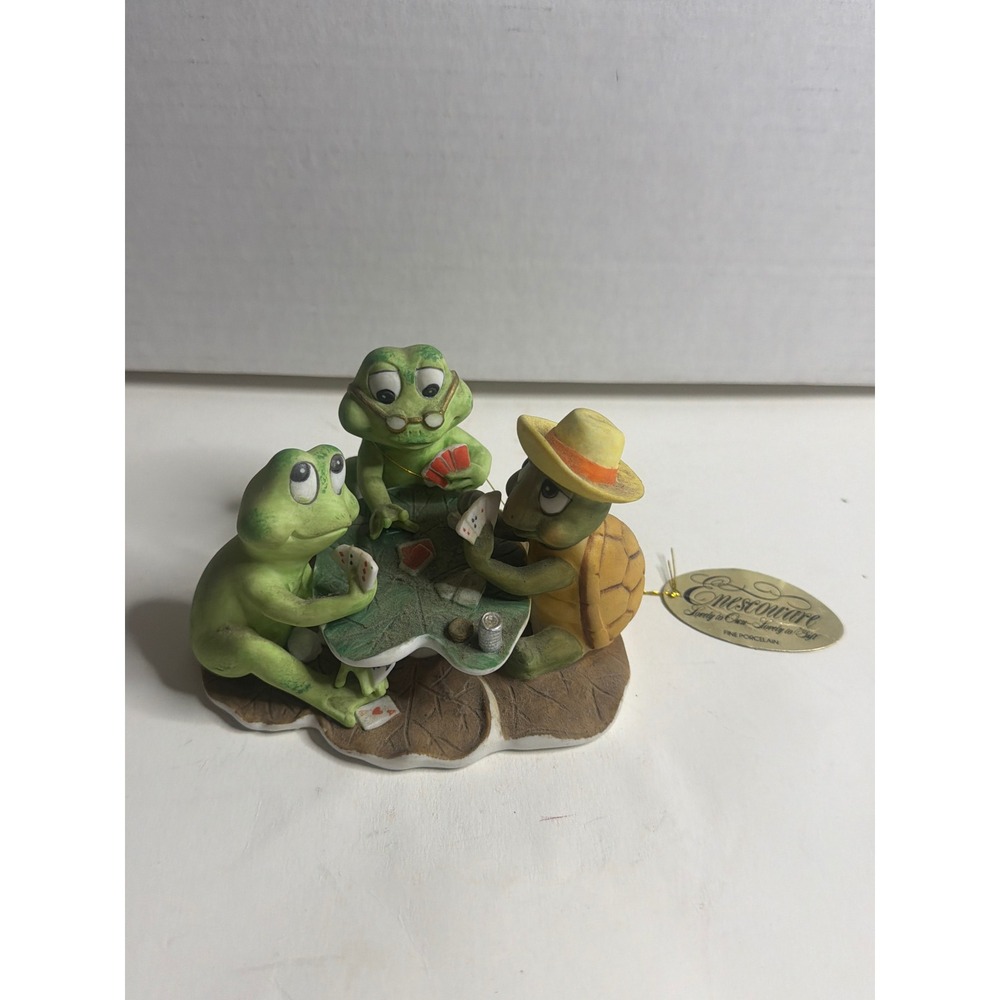 Vintage 1976 Enesco Frogs and Turtle Playing Cards Porcelain Figurine E-8725